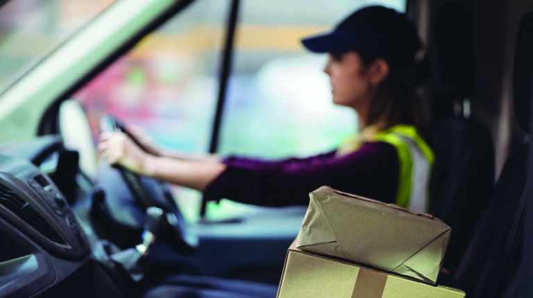 Female delivery driver in van with two parcels on front seat