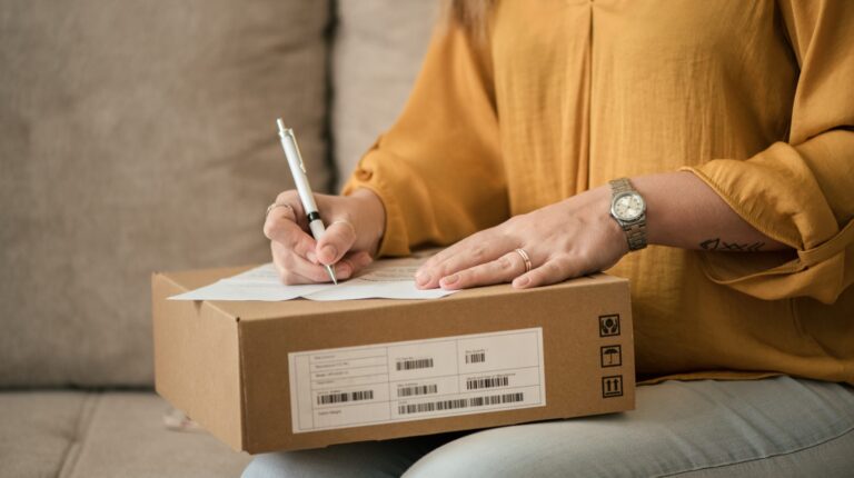A consumer fills out a returns form on top of a brown cardboard shipping box.