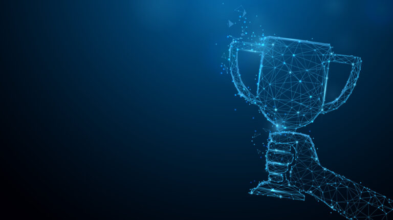 Hand holding trophy cup tophy form lines, triangles and particle style design. Illustration vector