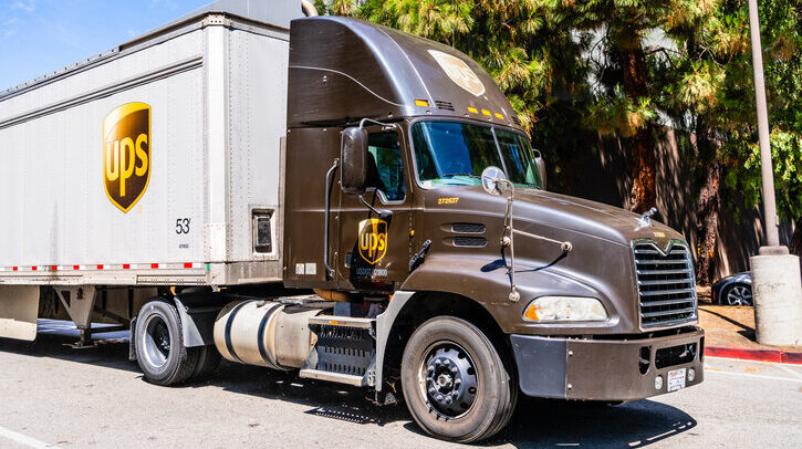UPS truck driving on a street in south San Francisco Bay area.