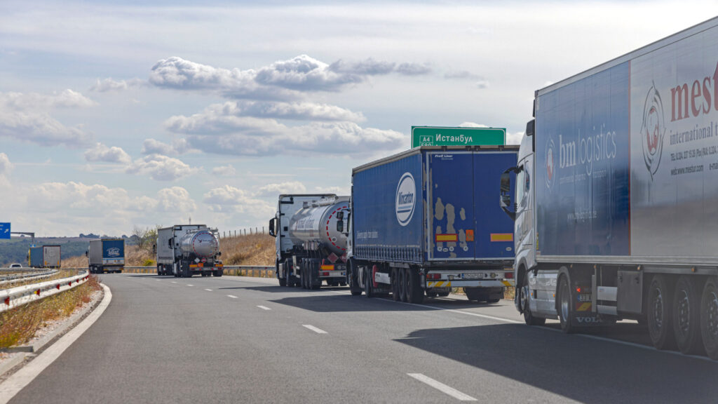 Cargo Trucks at Highway Border Queue Exit From EU to Turkey.