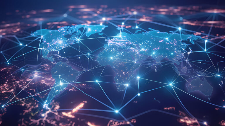 Stock image showing Global business network with world map and connecting flight paths.