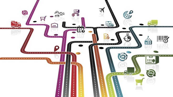 Multicoloured roads with different transportation methods