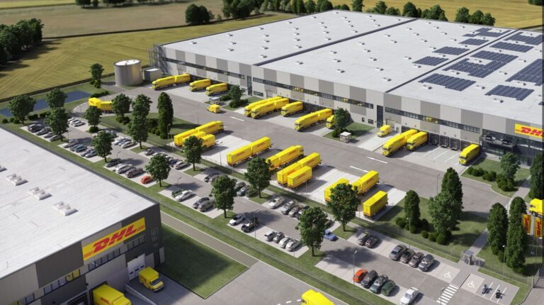 Computer-generated image of the DHL Supply Chain Logistics Center Halle.