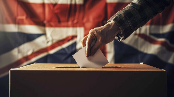 UK voter with ballot paper in hand and United Kingdom flag