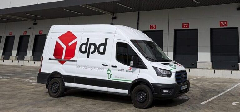 The new E-Transit van with DPD logo on the side