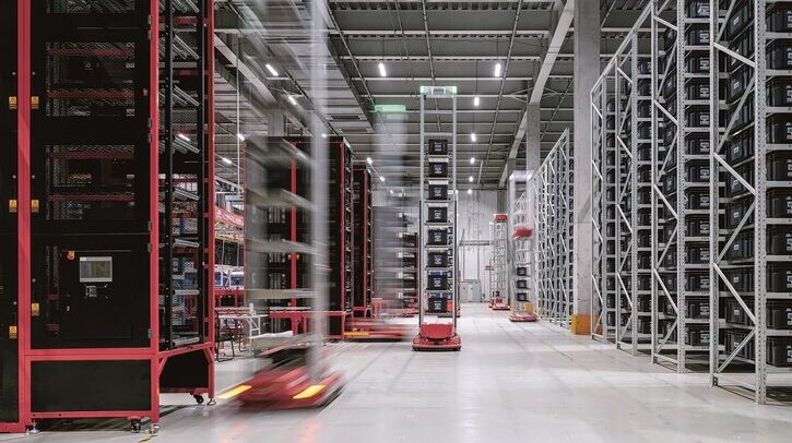 Inside one of JD's automated warehouses with robots on the floor.