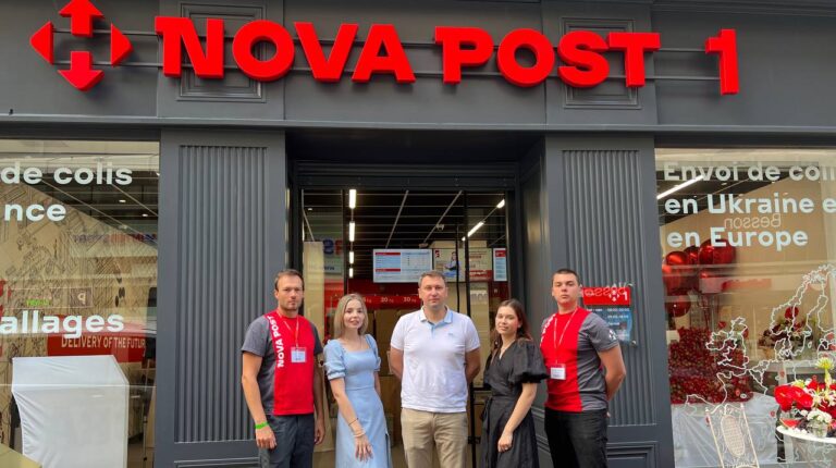 Staff standing outside new Nova Post Branch in Nice, France