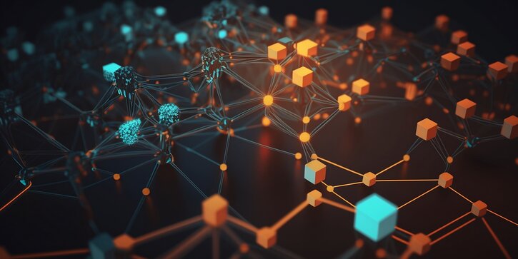 A graphic depiction of how different nodes on a decentralized network interact with each other through a blockchain. Generative AI.