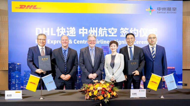 L-R: Dongming Wu, CEO China, DHL Express; Travis Cobb, EVP global network operations and aviation, DHL Express; John Pearson, CEO, DHL Express; Annie Hou, chairman, Central Airlines; Yingming Wang, CEO, Central Airlines; and Yang Zhan, co-founder, Central Airlines
