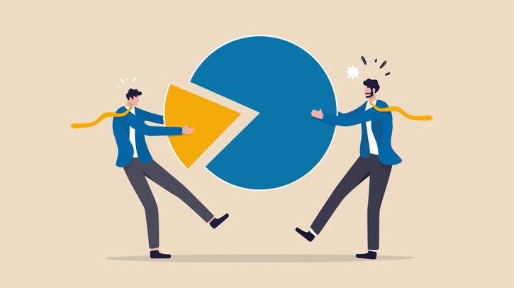 OPINION: The fight for market share Market share percentage of industry sale, business competitor fight or battle to gain more sale concept, businessman fighting for more market share pie chart.