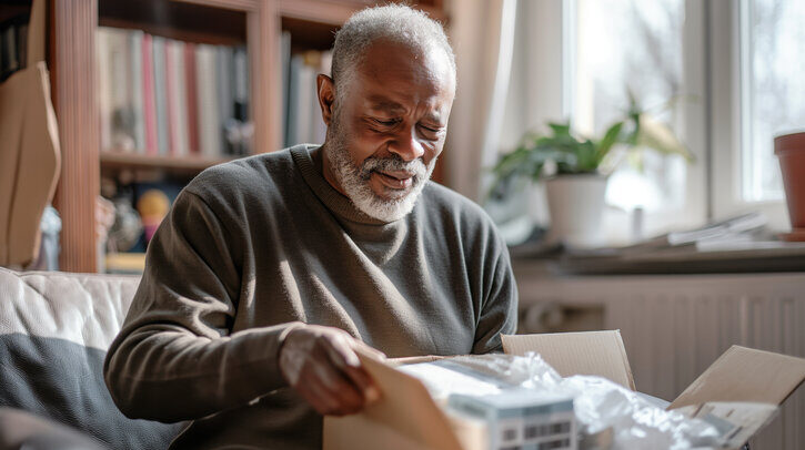 Senior man opening a parcel at home. Captures the joy of receiving mail and online shopping
