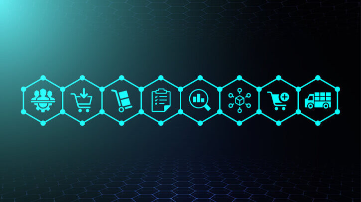 Supply chain management concept icons, logistics icons, inventory, distribution, e- commerce icons, order fulfillment, supplier, collaboration, optimization, safety stock, inventory, vector blue icons.