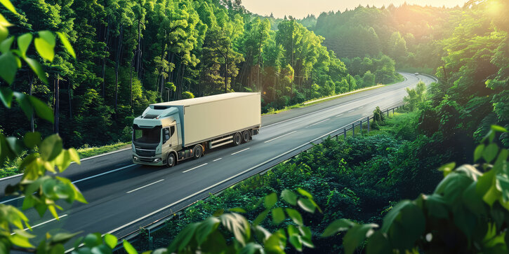 white delivery truck on road surrounded by green nature