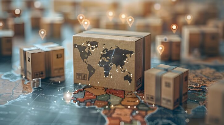 Conceptual showcasing the global reach and interconnectivity of cross border e commerce featuring shipping icons logistical elements