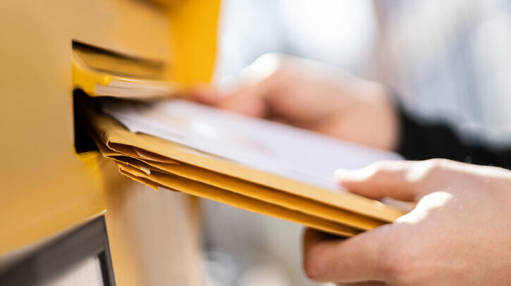 Letter In Envelope Or Document In Mailbox. Man Hand Sending Mail