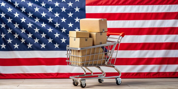 Shopping Cart with Cardboard Boxes Against American Flag, American Flag, Shopping Cart, USA, Boxes