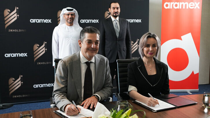Othman Aljeda, group CEO Aramex (front left); Captain Mohamed Juma Al Shamsi, chairman Aramex (back left); Dr. Dima Al Azzeh, chairman’s advisor ZK Holding (front right); and Dr. Zead Khalaf, chairman ZK Holding (back right)