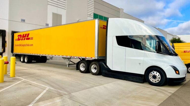 Tesla Semi truck with DHL branded trailer