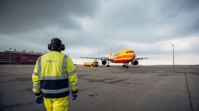 Aircraft with red and yellow DHL livery being refuelled by yellow Shell Aviation fuel truck at Brussels Airport.