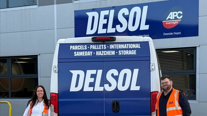 L-R: Kathy Jones, Delsol group chief executive, and Damian Conde, operations manager for Delsol's Deeside site standing next to a Delsol branded van