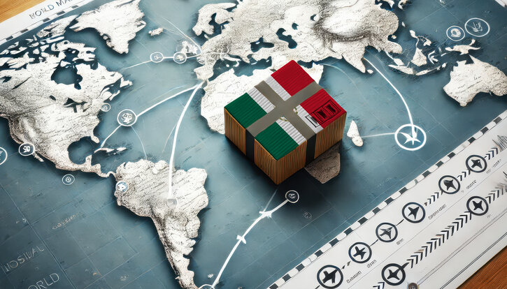 A Mexico flagged package sits on a world map illustrating international air routes, symbolizing global shipping and trade logistics.