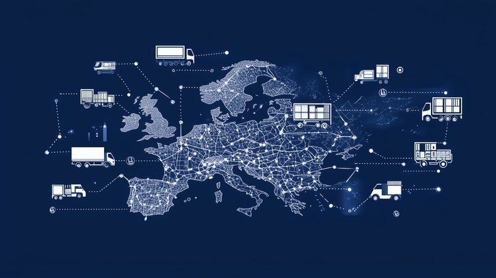 This visual representation highlights the logistics infrastructure throughout Europe, showcasing various transport trucks connected by intricate pathways. The map indicates the flow of goods across countries, emphasizing the significance of transportation in trade and commerce.