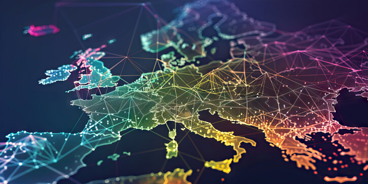 A network diagram of European supply chains, demonstrating the intricate web of connections between businesses and resources. Various colors to distinguish categories.