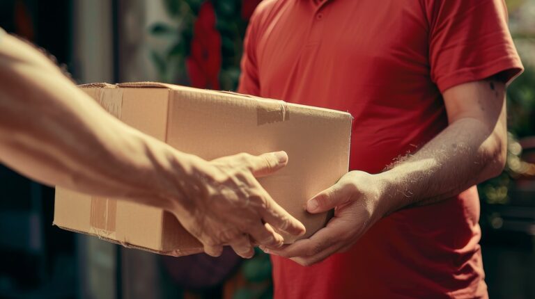 A delivery service worker in a red shirt hands a package to another person in an urban environment with greenery in the background, representing home delivery and courier services.