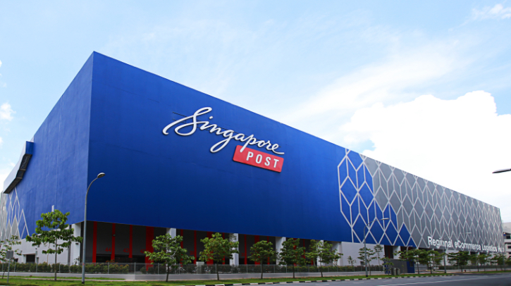 The front of a large building with Singapore Post name and branding on the outside