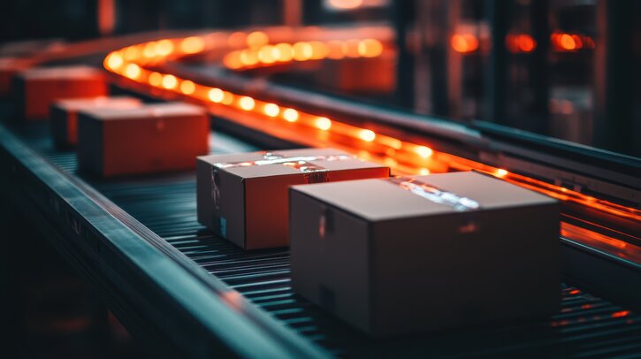 An automatic package sorting conveyor system in a warehouse illuminated by the warm glow of sunrise, showcasing the efficient and organized movement of packages.