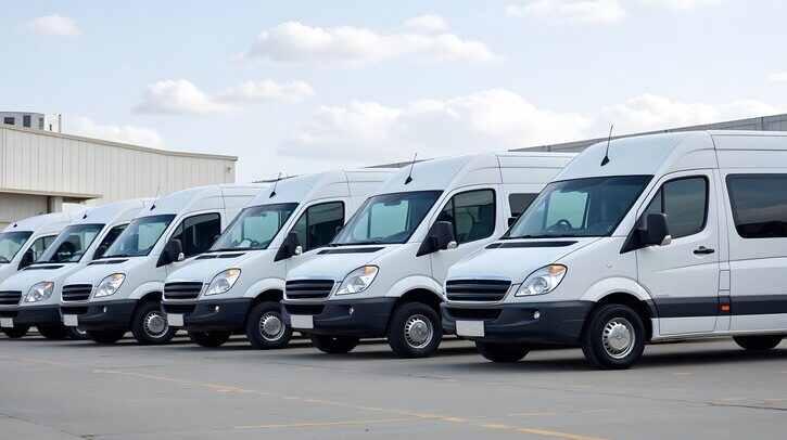 Fleet of white delivery vans parked in industrial lot under clear sky.