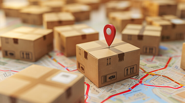 Cardboard delivery boxes placed on a city map with a red location marker symbolizing logistics.