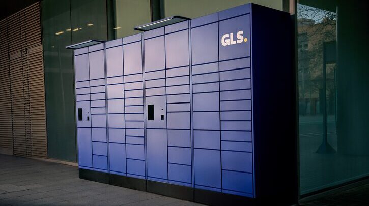 A GLS Spain locker bank outside a building
