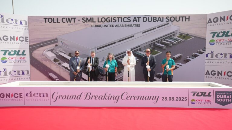 Leaders of Toll Group and CWT stand together at the groundbreaking of the new C6 facility at Dubai South