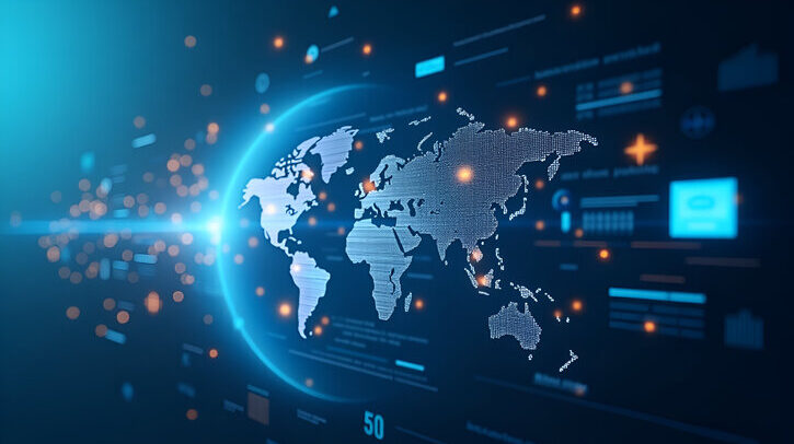 A graphic depicting the Earth seen from space surrounded by pieces of light and digital data depicting global e-commerce