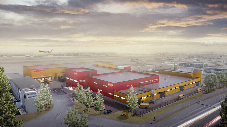Design render of the new facility at Helsinki-Vantaa Airport, with grey clouds high up in the sky in a dawn or dusk light