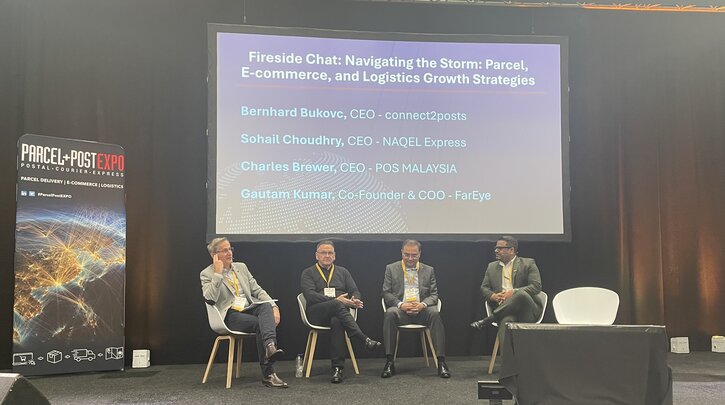 L-R: Bernhard Bukovc, CEO, connect2posts; Charles Brewer, group CEO, Pos Malaysia; Sohail Choudry, CEO, NAQEL Express; and Gautam Kumar, co-founder & COO, FarEye