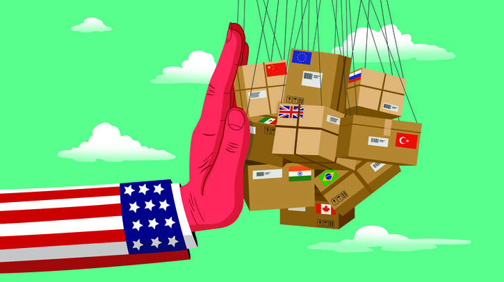 Illustration of arm with American flag on suit jacket pushing parcels with different country flags on