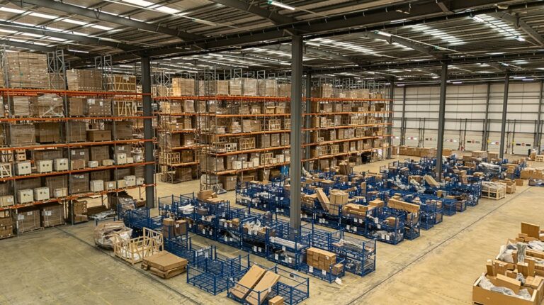An XPO Logistics warehouse, with tall shelves housing goods and various warehouse equipment
