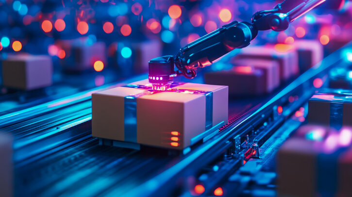 A robotic arm packaging products in a factory